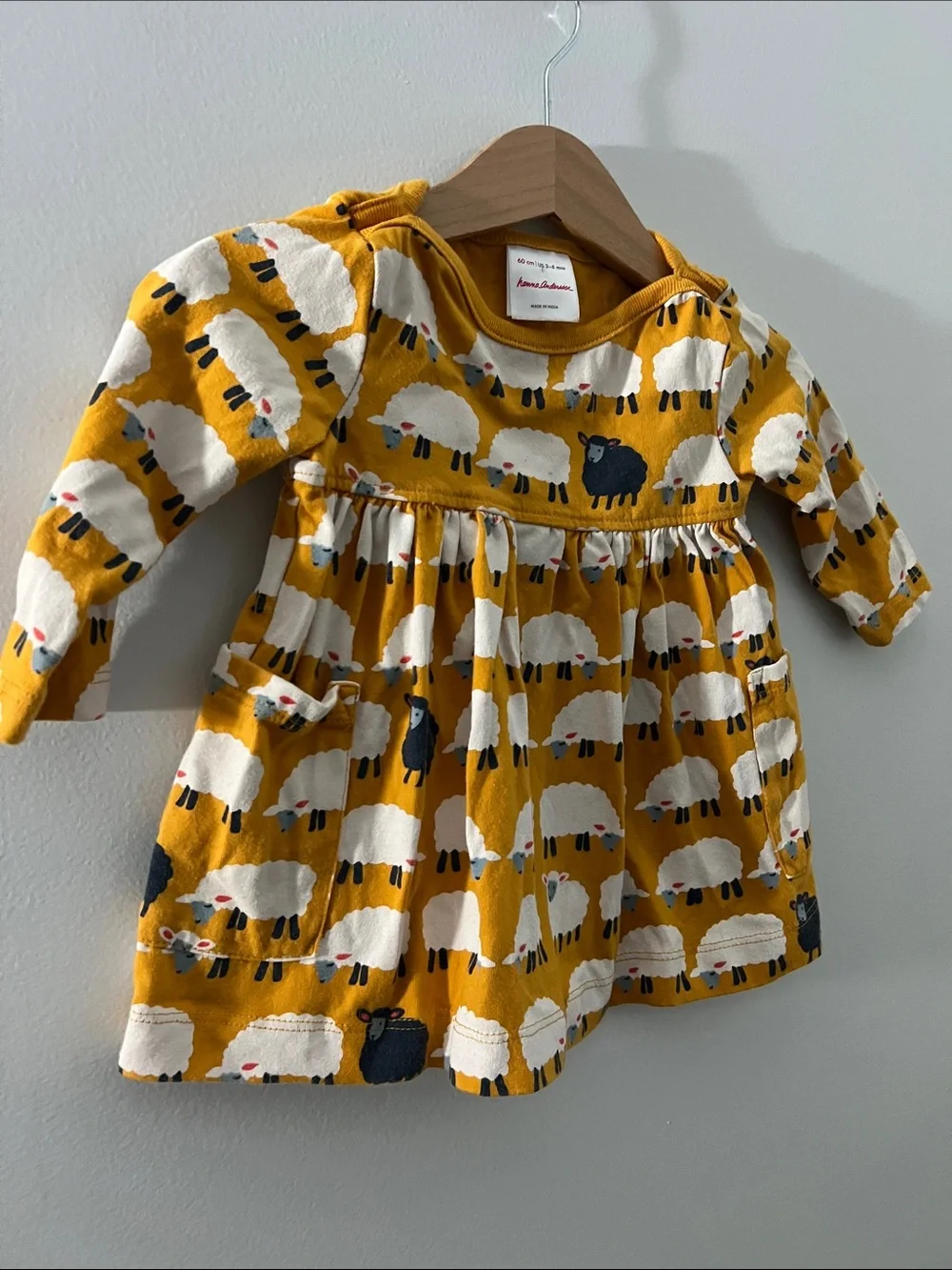 Hanna Andersson | Mustard Sheep Print Long-Sleeve Baby Dress Size 3-6 M